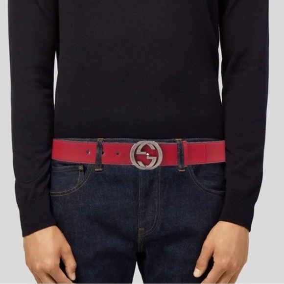 Gucci Red Rosso Leather Belt with Silver GG Logo Buckle